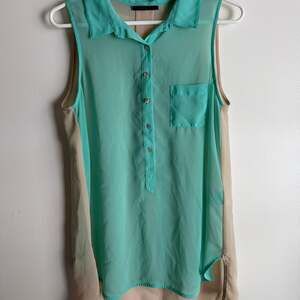 Velvet Mint Green and Beige Colorblock Sheer Sleeveless Chiffon Blouse